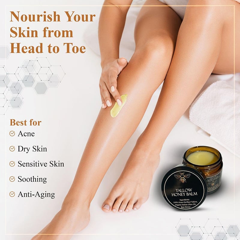 🌿 Organic Grass-Fed Beef Tallow Balm with Raw Honey - Handmade All-Natural Moisturizer for Soft, Smooth, Radiant Skin